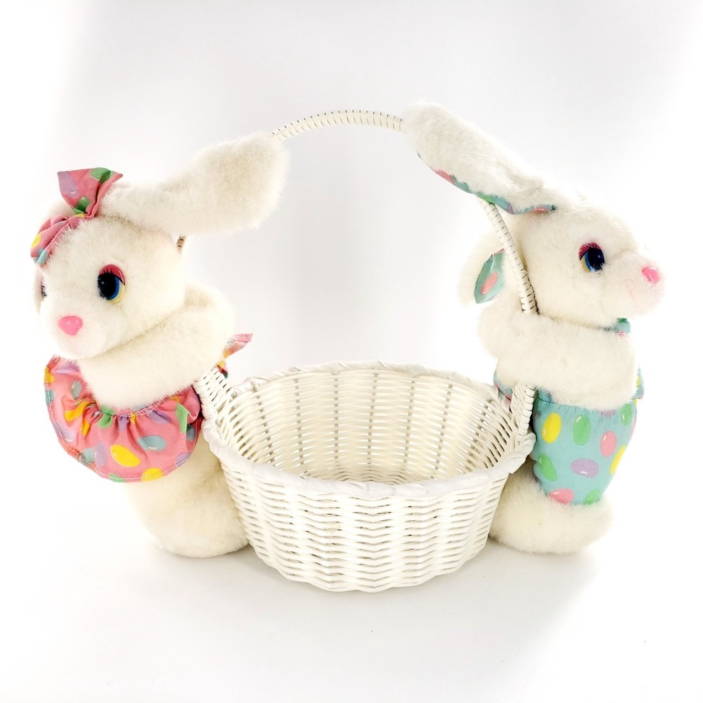 Vintage 1992 Unionsign LTD Bunny Plush Easter Basket Jelly Bean Print